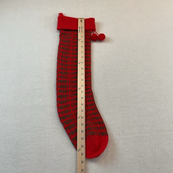 Dept 56 Knit Stocking Merry Christmas Red Green Vintage 1983 Taiwan Pom Poms - Picture 5 of 10